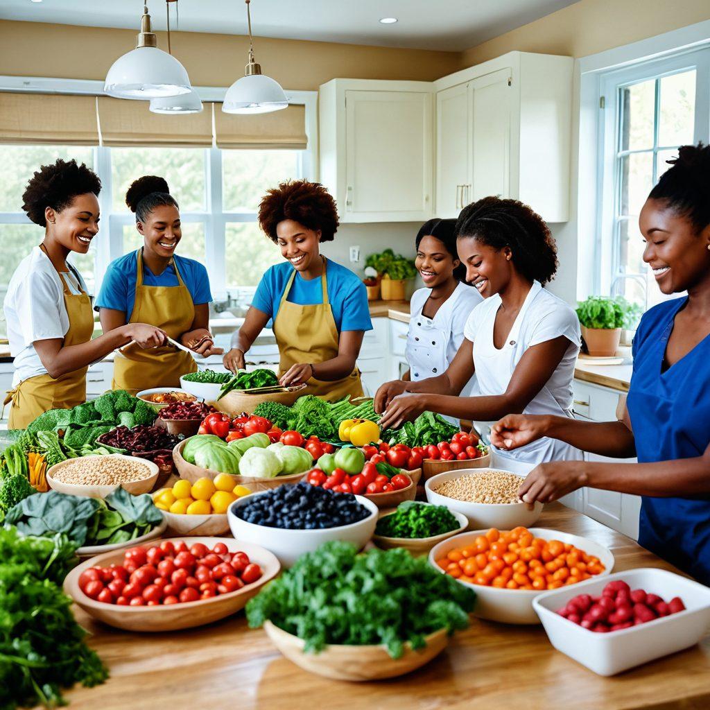 A serene scene featuring a diverse group of patients joyfully preparing colorful, healthy meals together in a bright kitchen, surrounded by fresh vegetables and grains. Include visuals of vibrant food choices like leafy greens, berries, and whole grains, symbolizing empowerment and health. The atmosphere should be uplifting, evoking hope and community support. Soft lighting creates a warm, inviting space. painting. vibrant colors. natural setting.