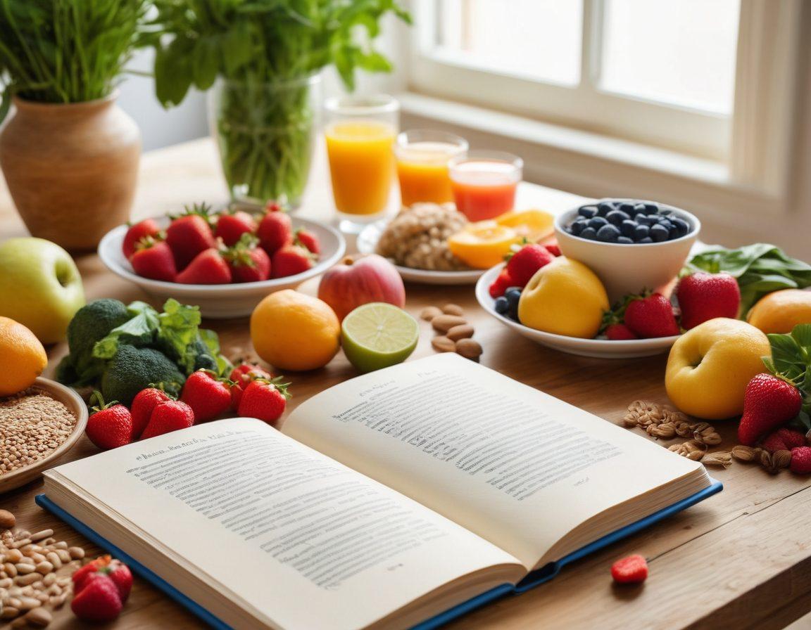 A serene scene of a vibrant and colorful table set with an array of healthy foods like fresh fruits, vegetables, and whole grains, symbolizing nourishment and wellness. In the background, soft lighting illuminates a peaceful setting with cancer recovery elements like a journal, a soothing tea, and a pair of supportive hands. Incorporate inspirational quotes subtly in the design. super-realistic. vibrant colors. soft focus.