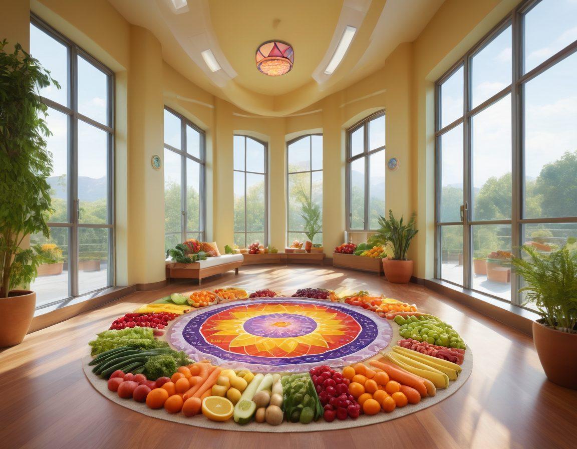 A serene cancer clinic setting with a diverse group of patients receiving nutrition therapy, surrounded by colorful fresh fruits and vegetables. Soft sunlight filtering through large windows, casting a warm glow on holistic health symbols like chakras and mandalas. An inviting atmosphere promoting healing and wellbeing. super-realistic. vibrant colors. warm tones.